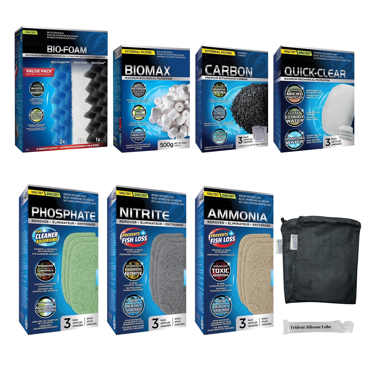 Trident Nova 206/207 Filter Media Canister Filter Maintenance & Replacement Filter Media Kit, Including Trident Nova Mesh Bags(Quick Clear, BioFoam, Nitrite/Phosphate/Ammonia Remover, Carbon, Biomax)
