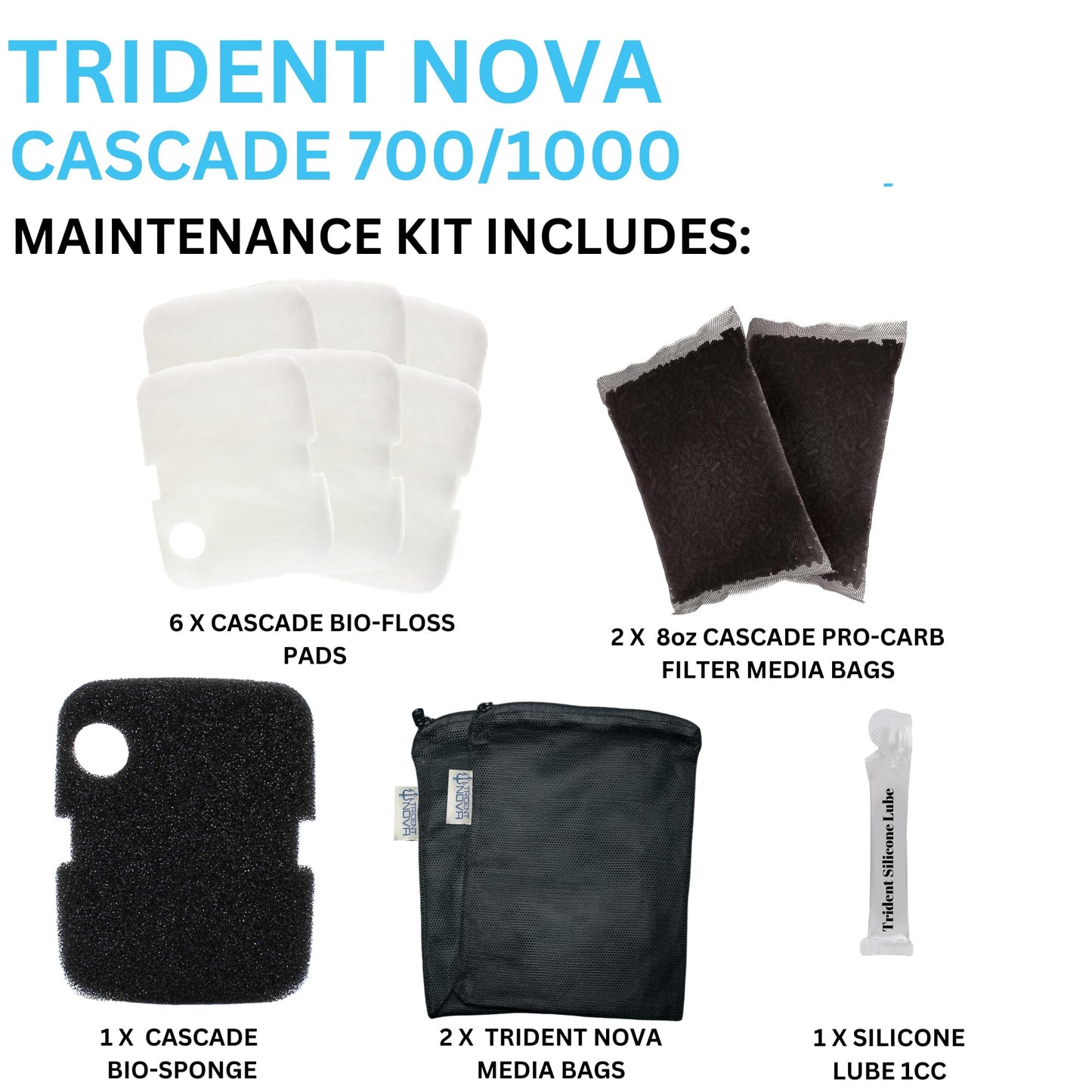 Trident Nova Penn-Plax Cascade 700/1000 Canister Maintenance & Replacement Filter Media Kit, including Trident Mesh Bags(Penn-Plax Poly Fiber Bio-Floss Pads, Bio Sponge, Media Bags filled with carbon)