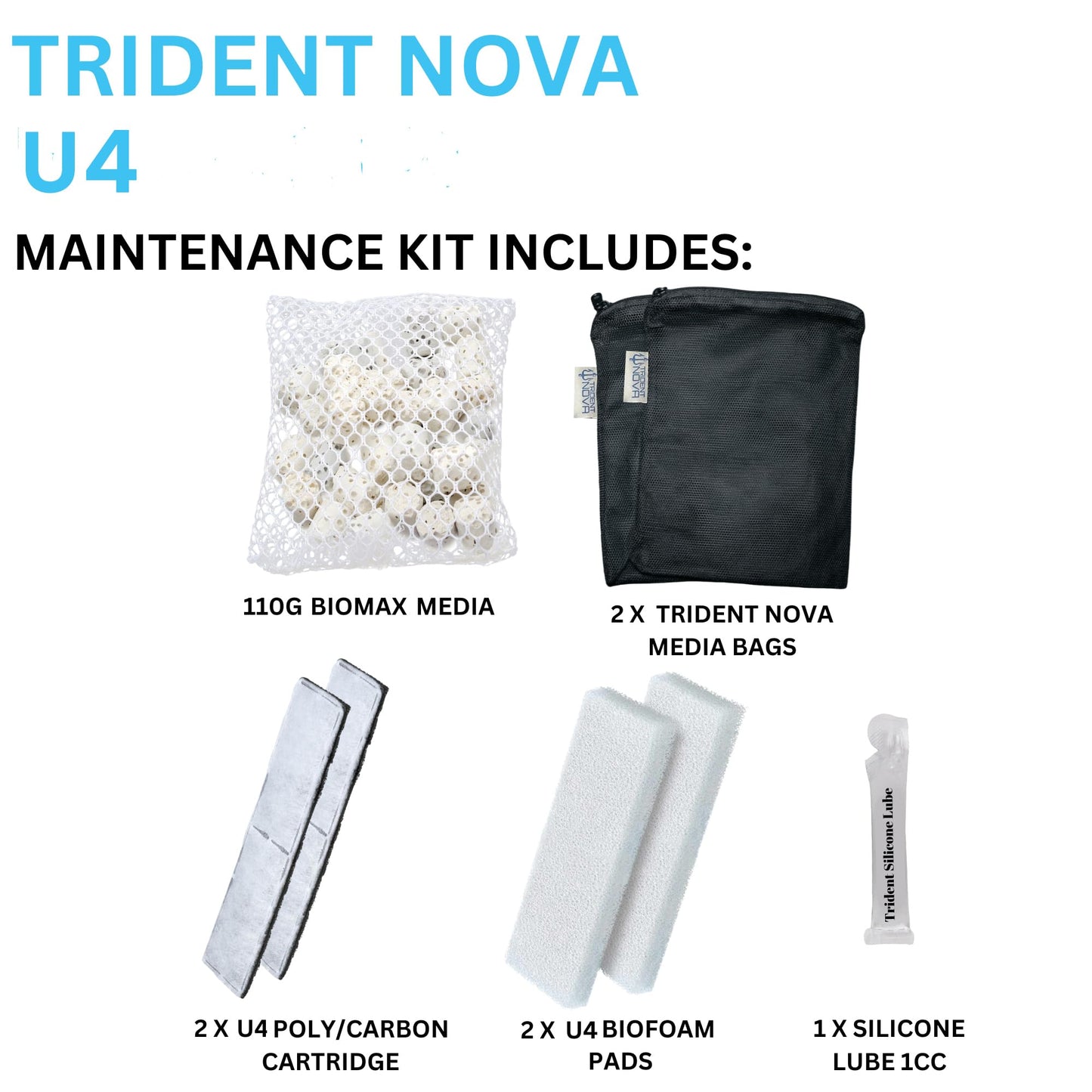 Trident Nova U4 Underwater Filter Media Maintenance & Replacement Filter Media Kit, Including Trident Mesh Bags(U4 Underwater Bio-Foam Pad, U4 BioMax, U4 Poly-Carb Cartridge)
