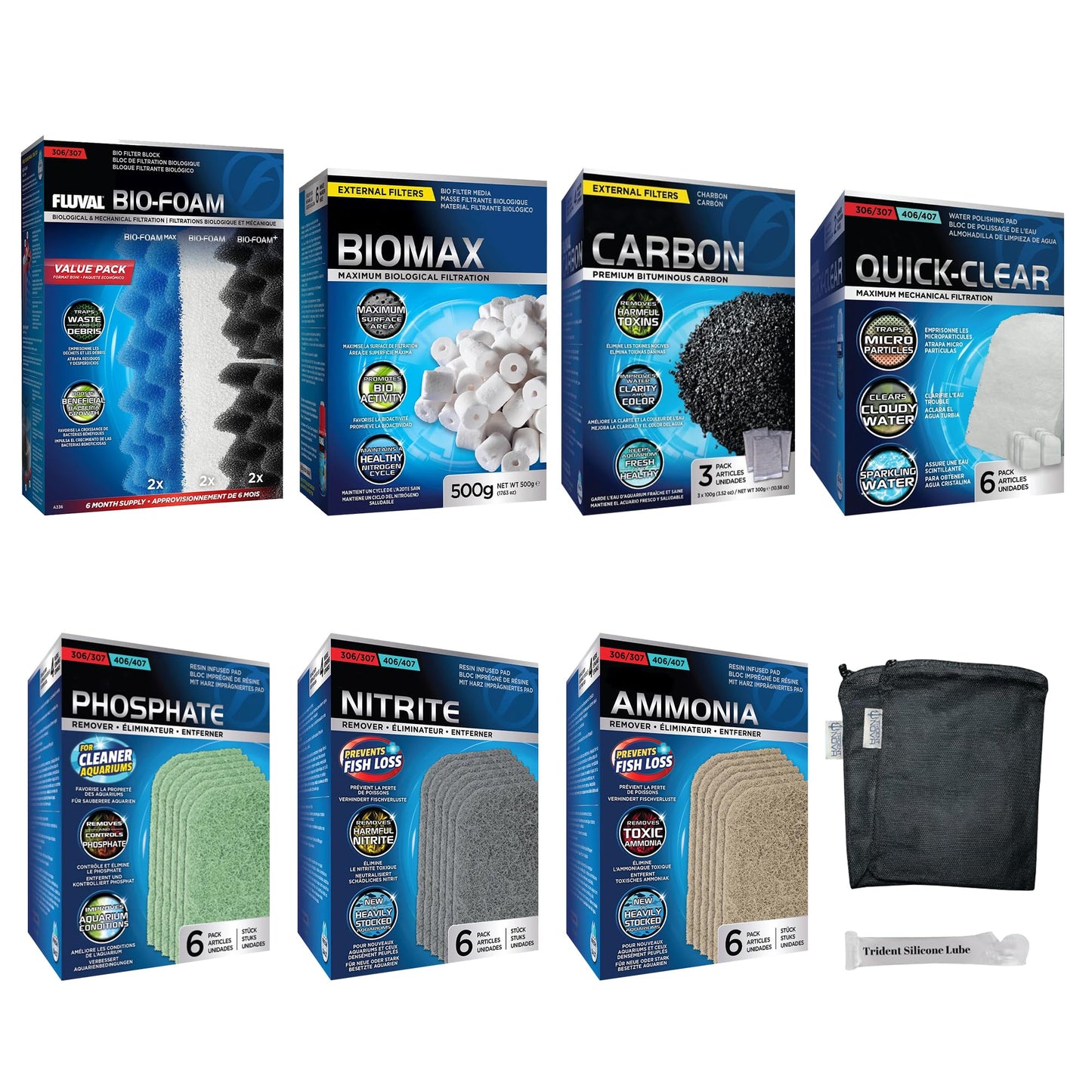Trident Nova 306/307 Filter Media Canister Filter Maintenance & Replacement Filter Media Kit, with Mesh Bags(Quick Clear, BioFoam, Nitrite/Phosphate/Ammonia Remover, Carbon, Biomax)