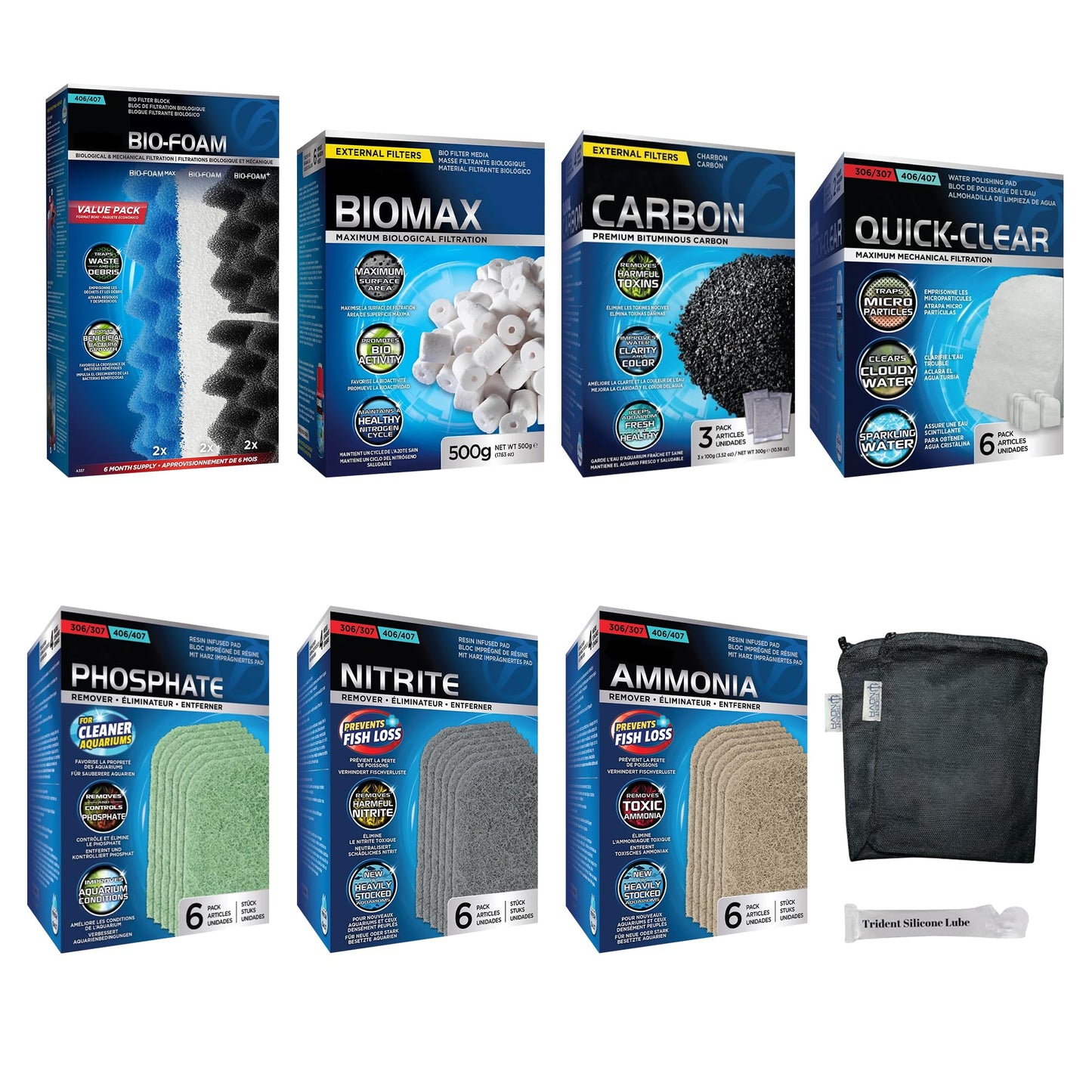Trident Nova 406/407 Filter Media Canister Filter Maintenance & Replacement Filter Media Kit, Including Trident Nova Mesh Bags(Quick Clear, BioFoam, Nitrite/Phosphate/Ammonia Remover, Carbon, Biomax)