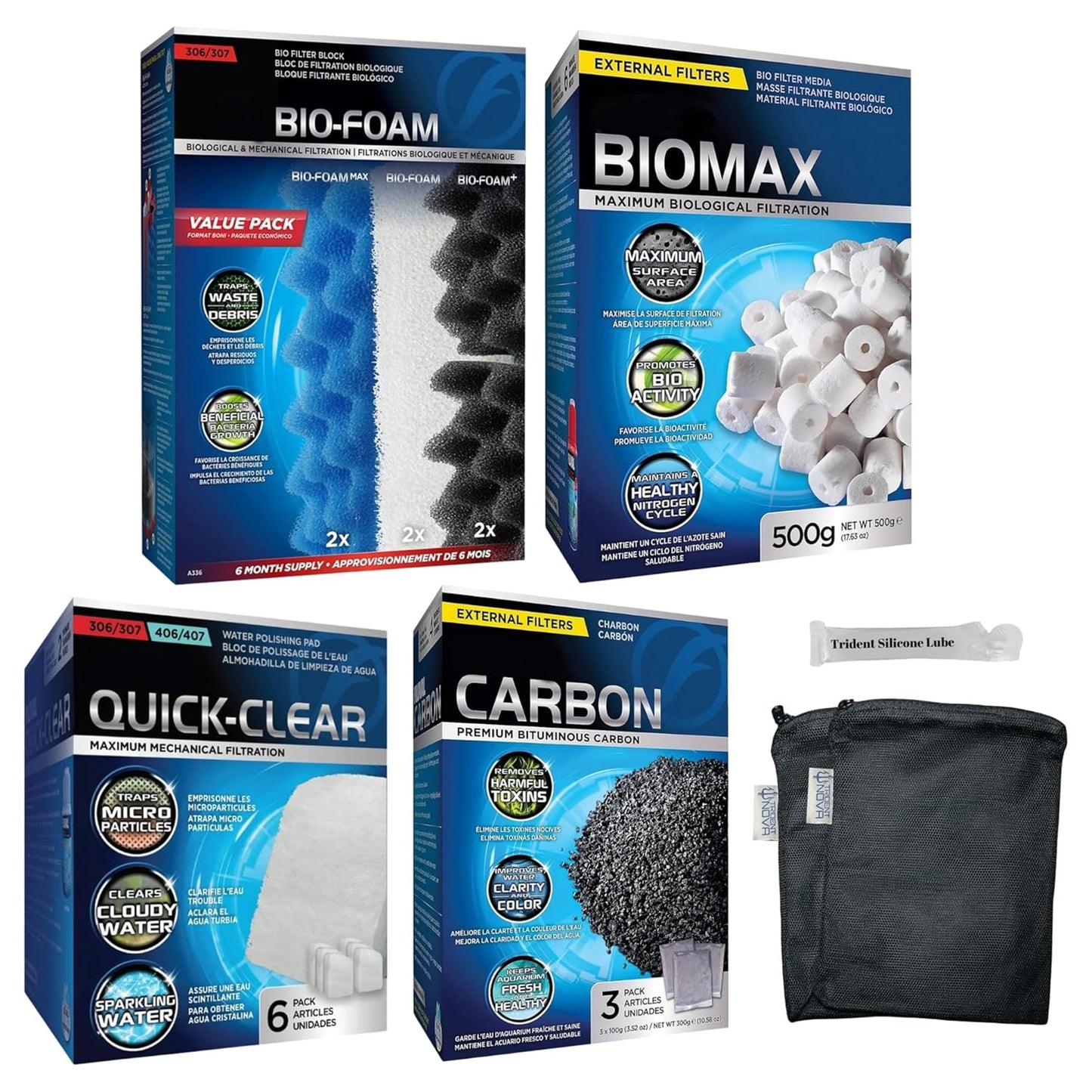 Filter Media 306/307 Filter Media Canister Filter Maintenance & Replacement Filter Media Kit, Including Trident Nova Mesh Bags(Quick Clear/Water polishing Pad, BioFoam, Carbon, Biomax)