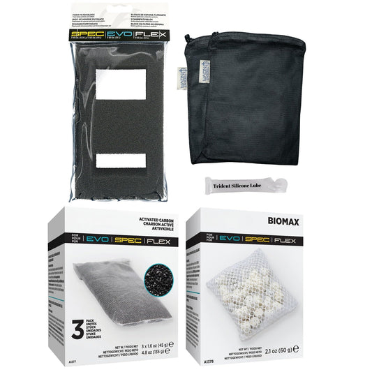 Trident Nova SPEC (3 Gal,5 Gal) | EVO(5 Gal) | Flex (9 Gal) Maintenance & Replacement Filter Media Kit, Including Trident Mesh Bags(SPEC EVO Flex Activated Carbon 3-Packs, BioMax, Foam Filter Block)